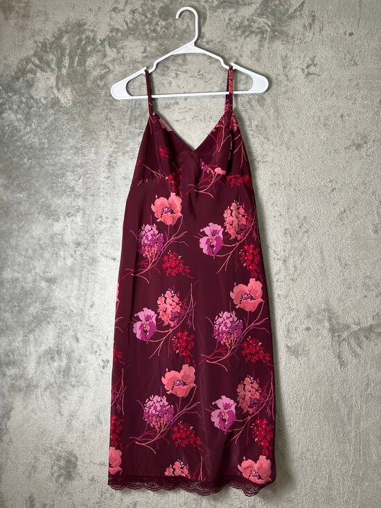 Vintage Dresses & Skirts - Vintage Y2K Floral Slip Dress Burgundy Pink Lace Hem Spaghetti Strap Midi M